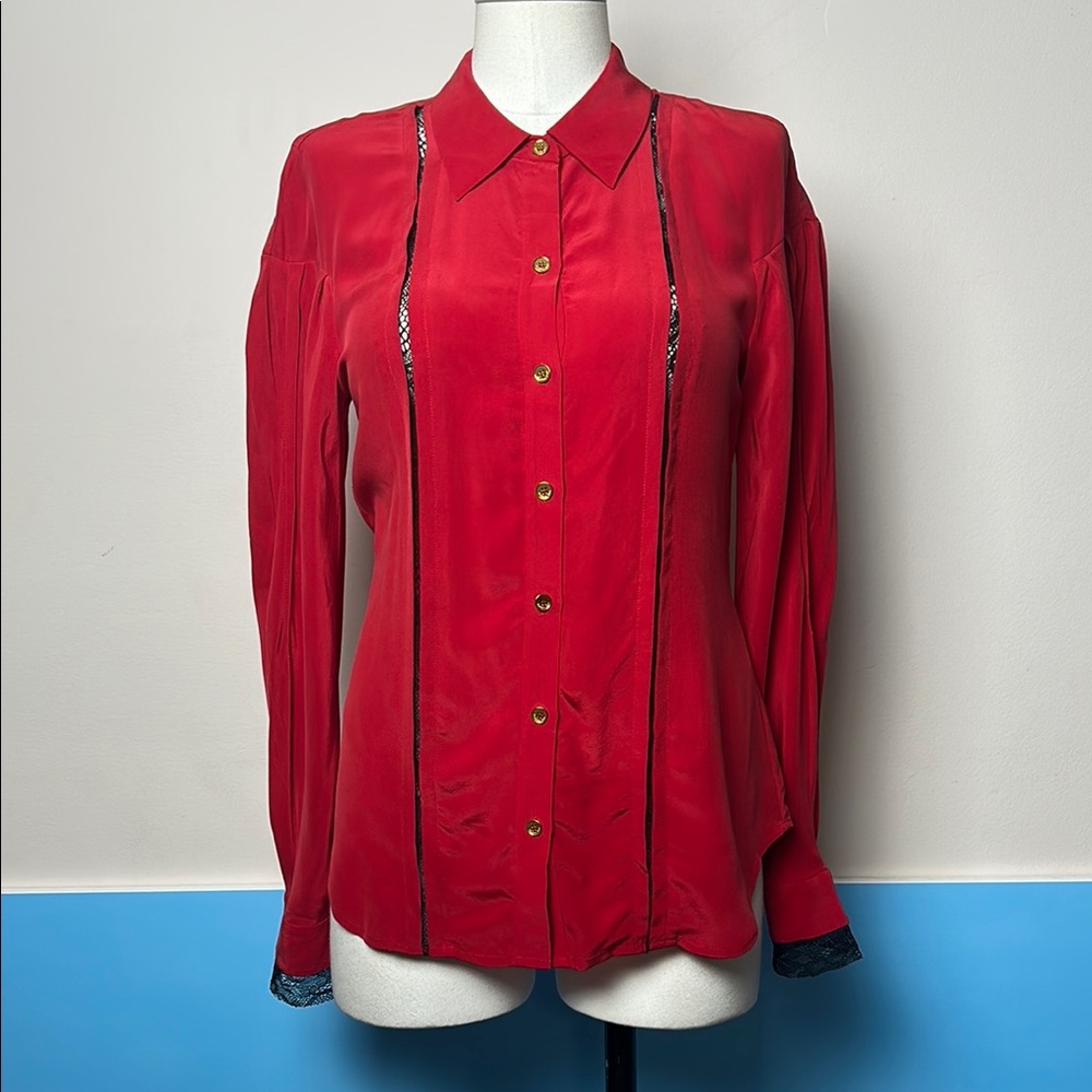 Vintage Silk Rachel Roy Red Button Down Shirt Collar Lace Line and sleeves sz XS